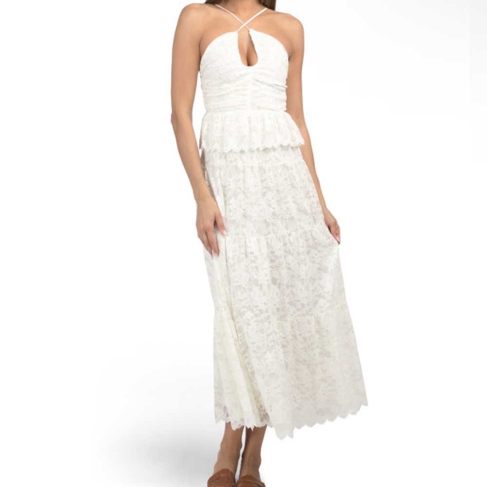 DRA Los Angeles Elegant Cream Stretch Lace Halter Tiered Dress